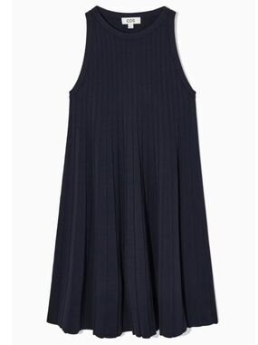 COS Pleated A Line Dress Black Ribbed Knit Trapeze Tank High Neck XS